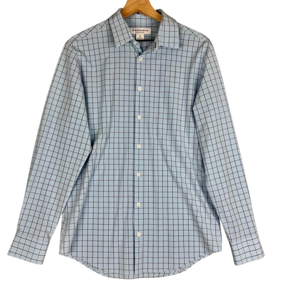 Mizzen Main Shirt Mens Medium Trim Fit Blue Gray Check Performance Menswear‎